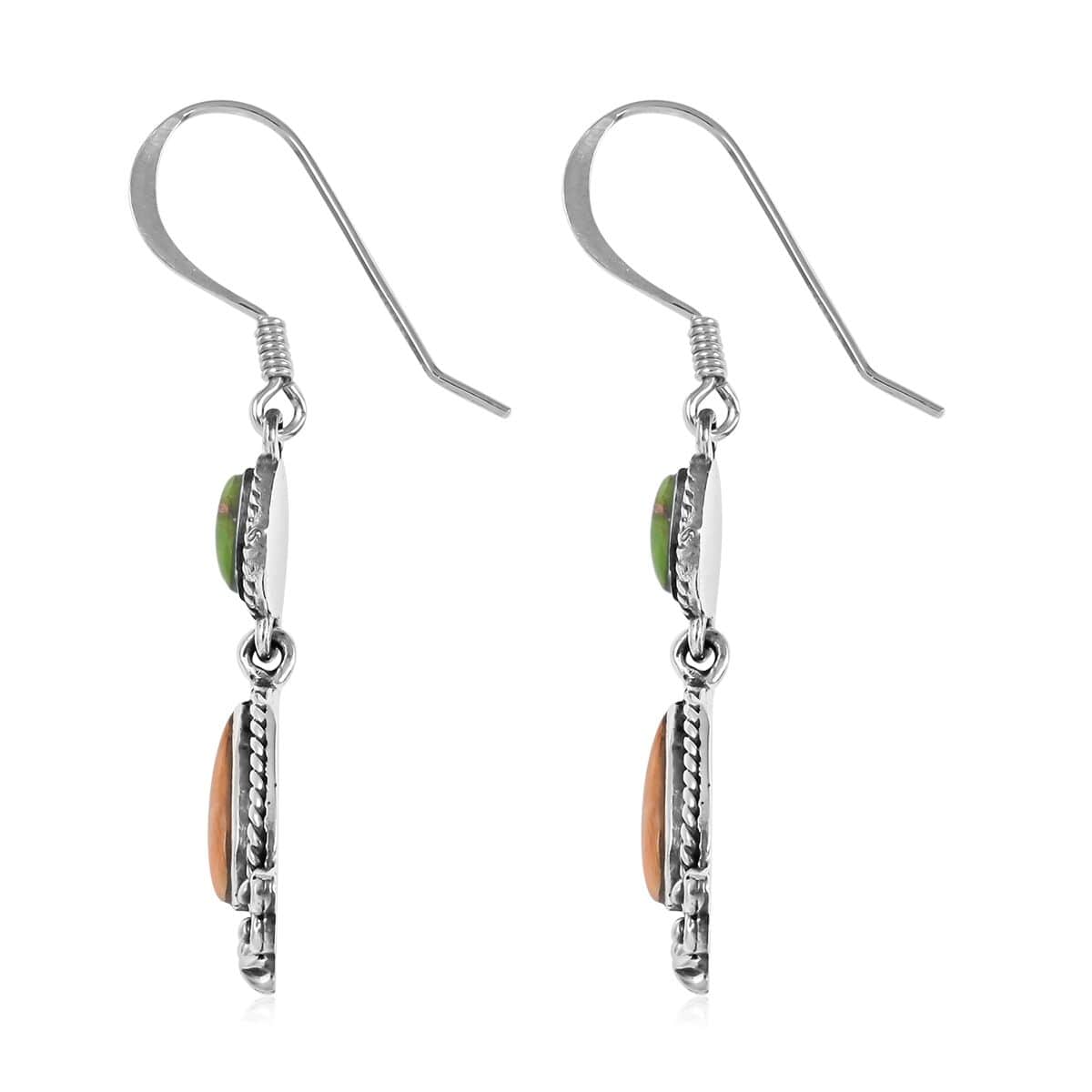 Santa Fe Style Orange Coral and Mojave Green Turquoise Dangle Earrings in Sterling Silver 2.00 ctw image number 3