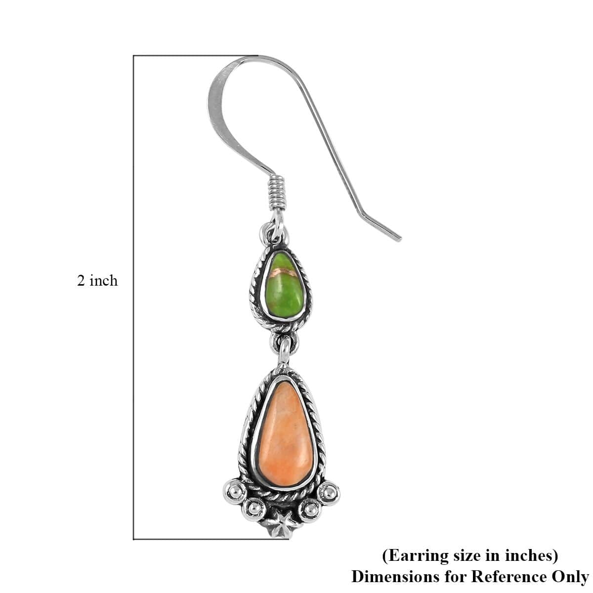 Santa Fe Style Orange Coral and Mojave Green Turquoise Dangle Earrings in Sterling Silver 2.00 ctw image number 4