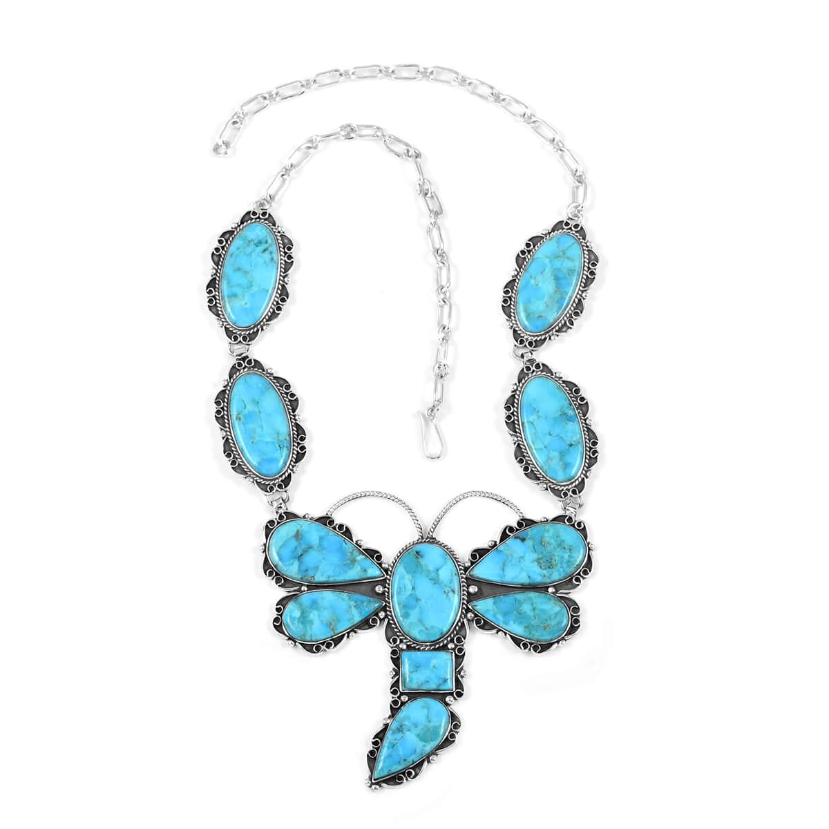 SANTA FE Style Spiny Turquoise Dragonfly Statement Necklace 22 Inches in Sterling Silver 93.2 Grams 93.75 ctw image number 0