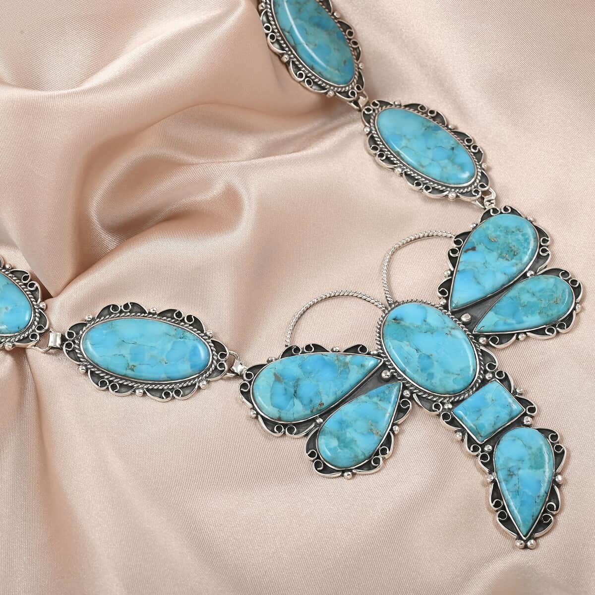 SANTA FE Style Spiny Turquoise Dragonfly Statement Necklace 22 Inches in Sterling Silver 93.2 Grams 93.75 ctw image number 1