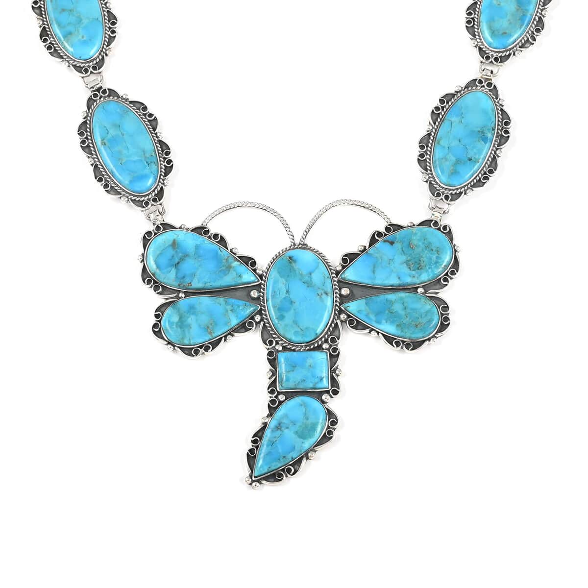 SANTA FE Style Spiny Turquoise Dragonfly Statement Necklace 22 Inches in Sterling Silver 93.2 Grams 93.75 ctw image number 2