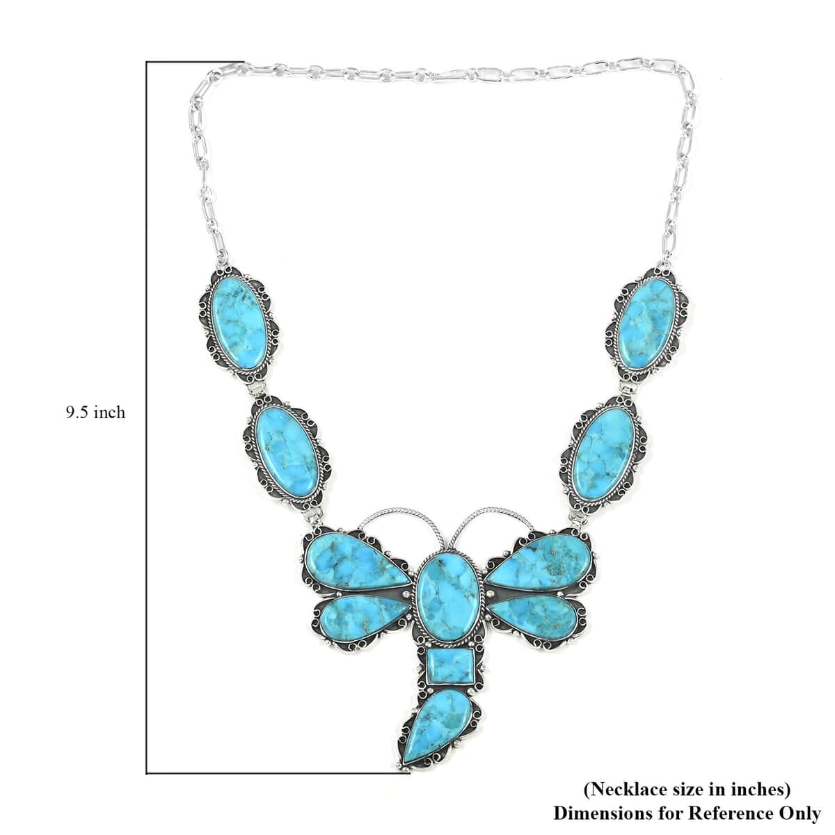 SANTA FE Style Spiny Turquoise Dragonfly Statement Necklace 22 Inches in Sterling Silver 93.2 Grams 93.75 ctw image number 4