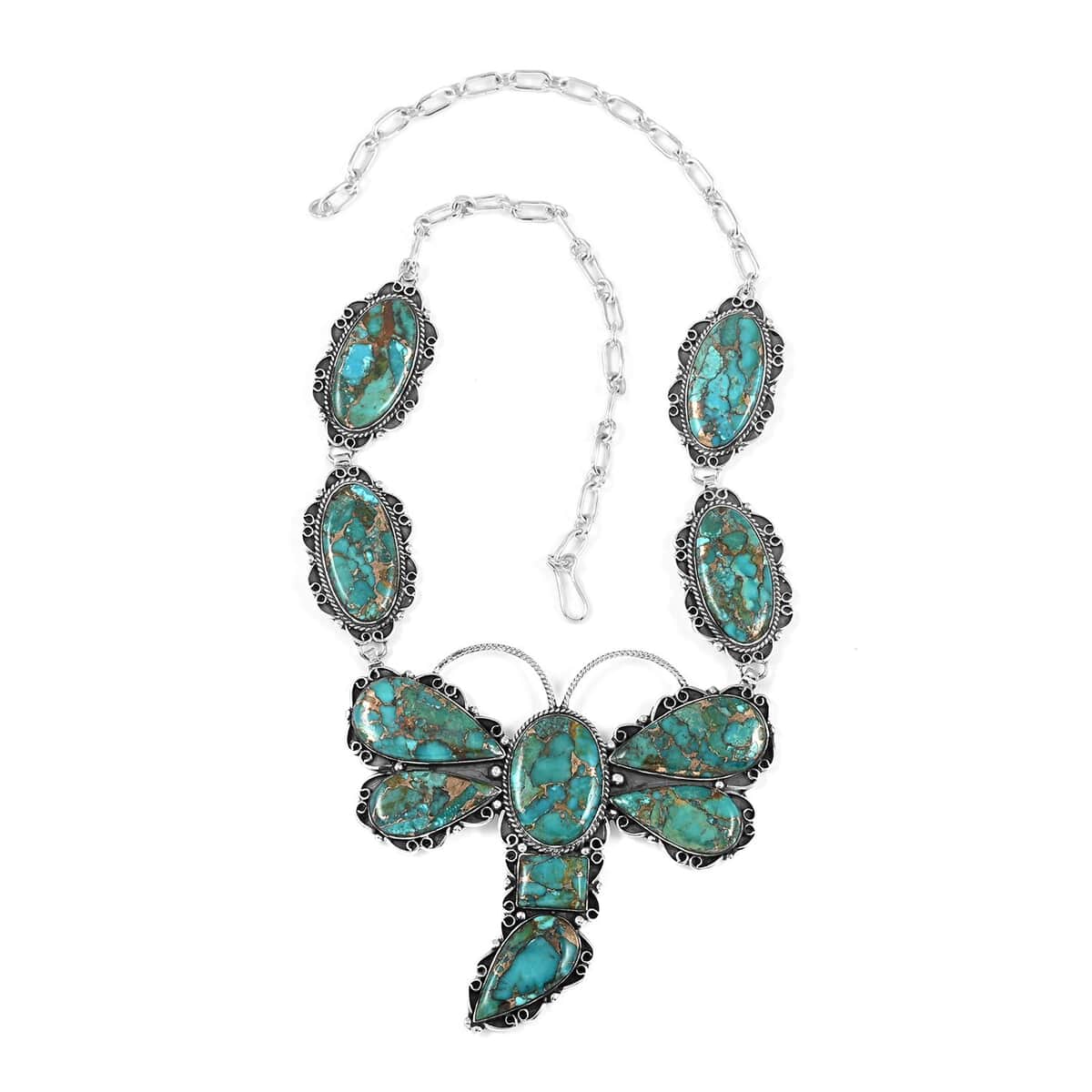 Santa Fe Style Mojave Turquoise Dragonfly Statement Necklace 22 Inches in Sterling Silver 187.50 ctw image number 0