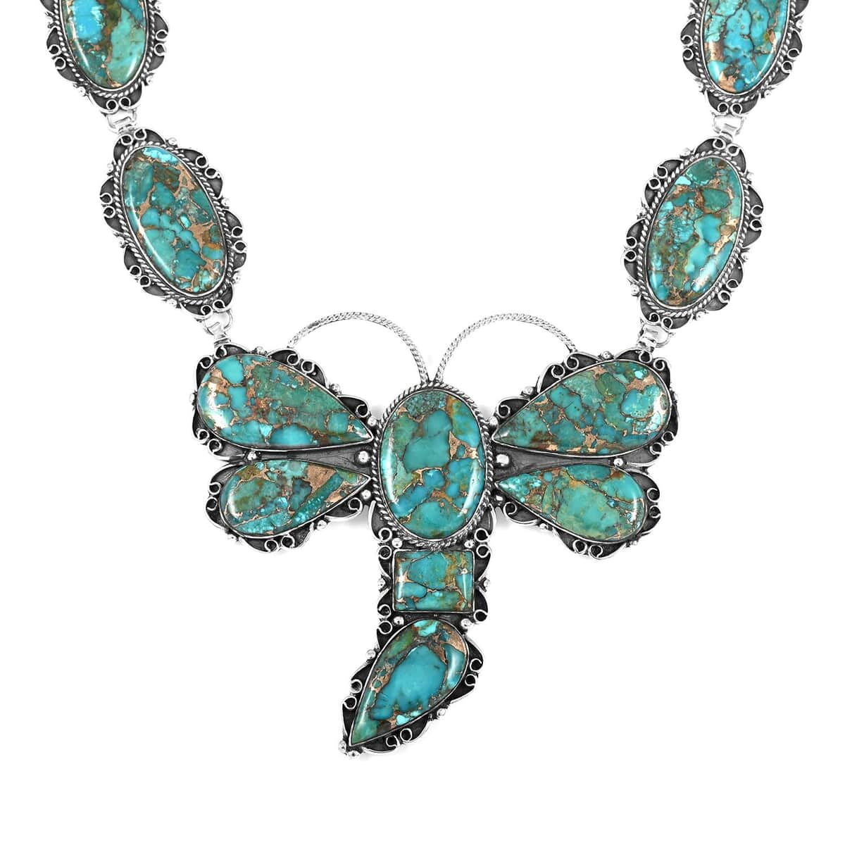 Santa Fe Style Mojave Turquoise Dragonfly Statement Necklace 22 Inches in Sterling Silver 187.50 ctw image number 2