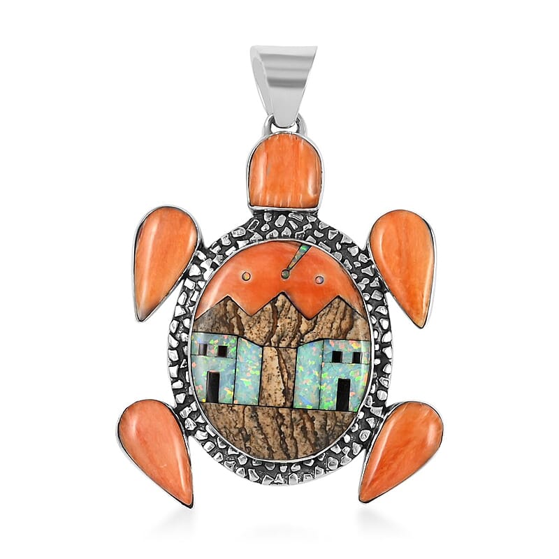 Santa Fe Style Spiny Oyster Shell and Multi Gemstone Turtle Pendant with Pueblo Homes in Sterling Silver 13.80 Grams 5.00 ctw