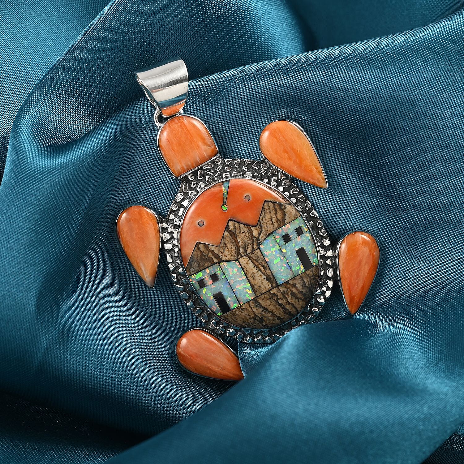 Santa Fe Style Spiny Oyster Shell and Multi Gemstone Turtle Pendant with Pueblo Homes in Sterling Silver 13.80 Grams 5.00 ctw