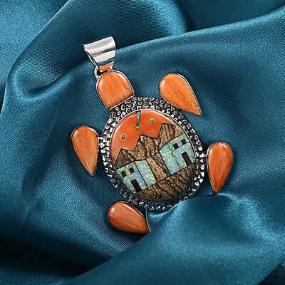 Santa Fe Style Spiny Oyster Shell and Multi Gemstone Turtle Pendant with Pueblo Homes in Sterling Silver 13.80 Grams 5.00 ctw