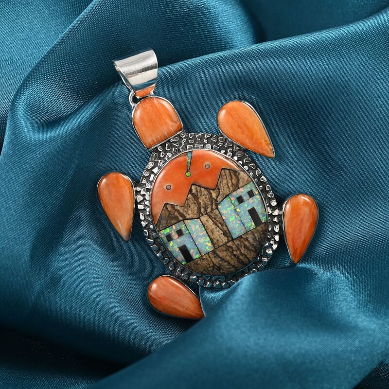 Santa Fe Style Spiny Oyster Shell and Multi Gemstone Turtle Pendant with Pueblo Homes in Sterling Silver 13.80 Grams 5.00 ctw