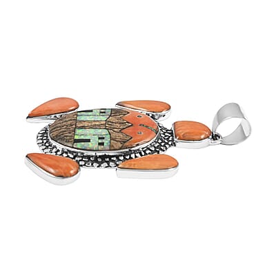 Santa Fe Style Spiny Oyster Shell and Multi Gemstone Turtle Pendant with Pueblo Homes in Sterling Silver 13.80 Grams 5.00 ctw