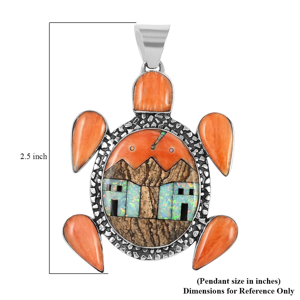 Santa Fe Style Spiny Oyster Shell and Multi Gemstone Turtle Pendant with Pueblo Homes in Sterling Silver 13.80 Grams 5.00 ctw