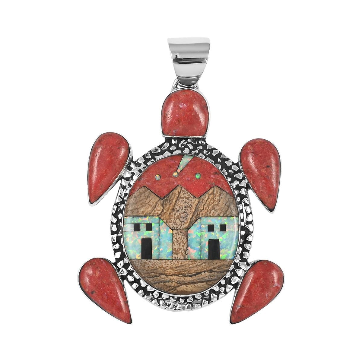 Santa Fe Style Enhanced Red Coral and Multi Gemstone Turtle Pendant with Pueblo Homes in Sterling Silver 13.80 Grams 5.00 ctw image number 0