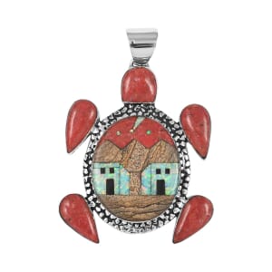 Santa Fe Style Enhanced Red Coral and Multi Gemstone Turtle Pendant with Pueblo Homes in Sterling Silver 13.80 Grams 5.00 ctw