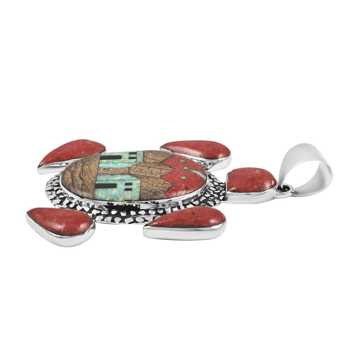 Santa Fe Style Enhanced Red Coral and Multi Gemstone Turtle Pendant with Pueblo Homes in Sterling Silver 13.80 Grams 5.00 ctw image number 2