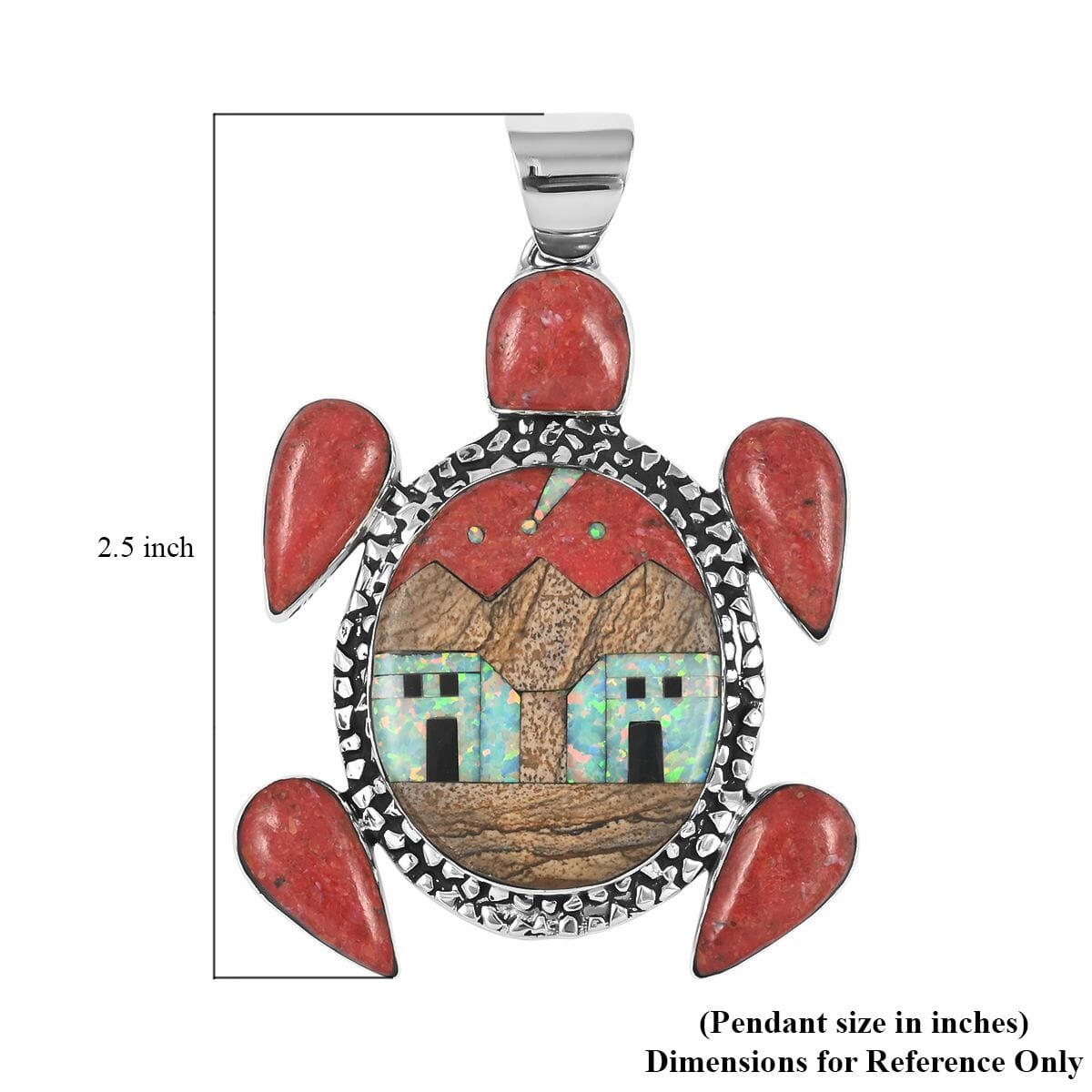 Santa Fe Style Enhanced Red Coral and Multi Gemstone Turtle Pendant with Pueblo Homes in Sterling Silver 13.80 Grams 5.00 ctw image number 3