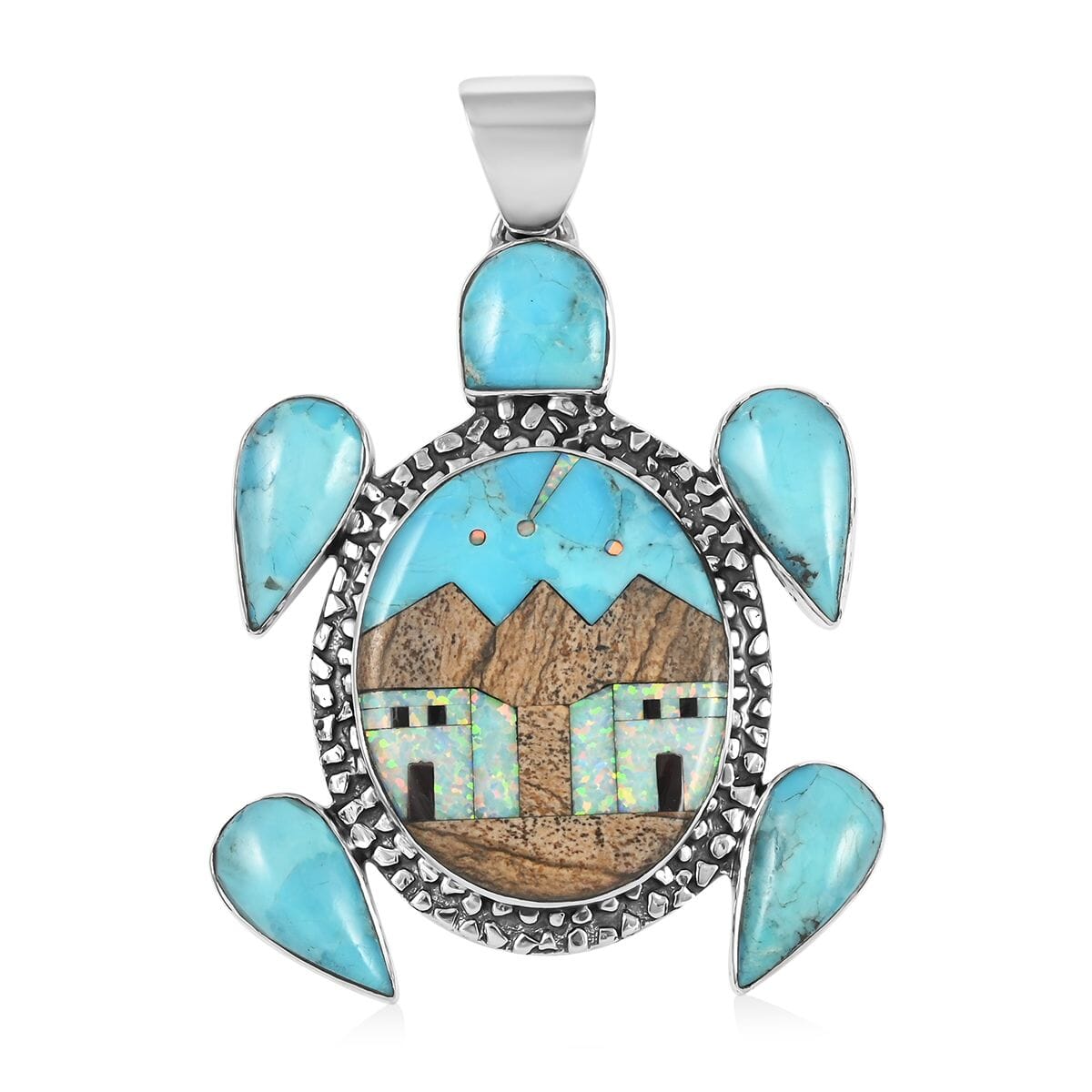 Santa Fe Style Kingman Turquoise and Multi Gemstone Turtle Pendant with Pueblo Homes in Sterling Silver 13.80 Grams 5.00 ctw image number 0