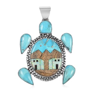 Santa Fe Style Kingman Turquoise and Multi Gemstone Turtle Pendant with Pueblo Homes in Sterling Silver 13.80 Grams 5.00 ctw