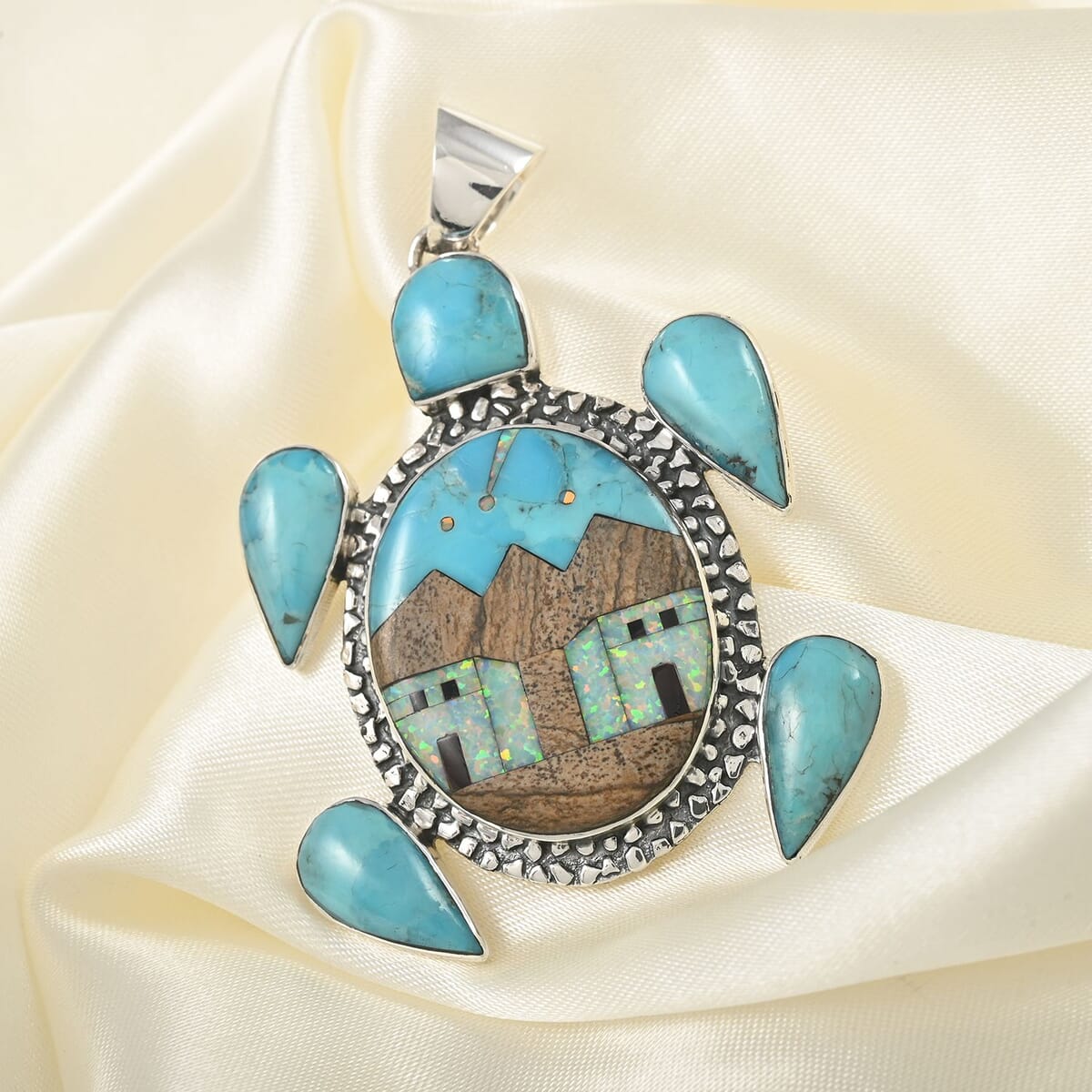 Santa Fe Style Kingman Turquoise and Multi Gemstone Turtle Pendant with Pueblo Homes in Sterling Silver 13.80 Grams 5.00 ctw image number 1