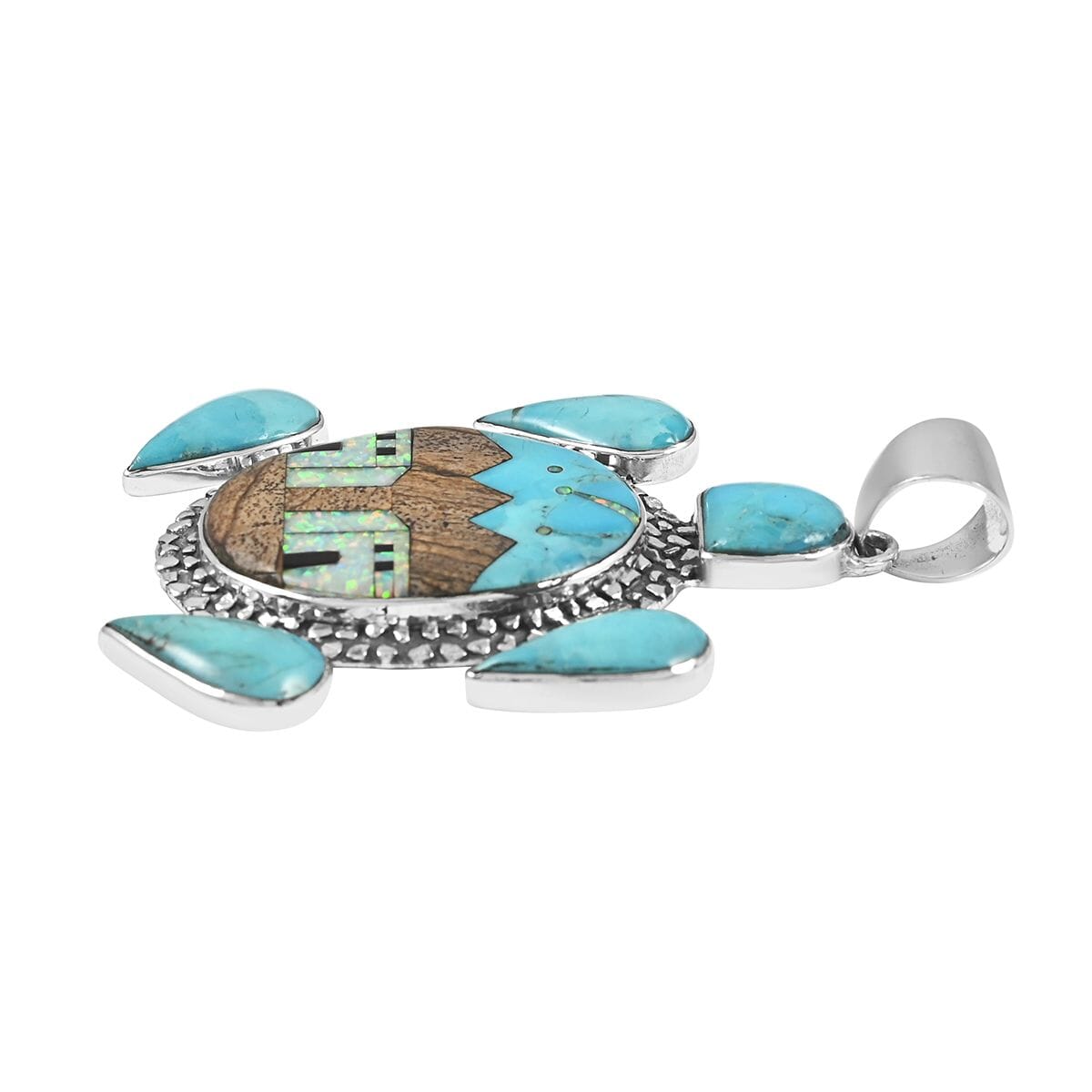 Santa Fe Style Kingman Turquoise and Multi Gemstone Turtle Pendant with Pueblo Homes in Sterling Silver 13.80 Grams 5.00 ctw image number 2