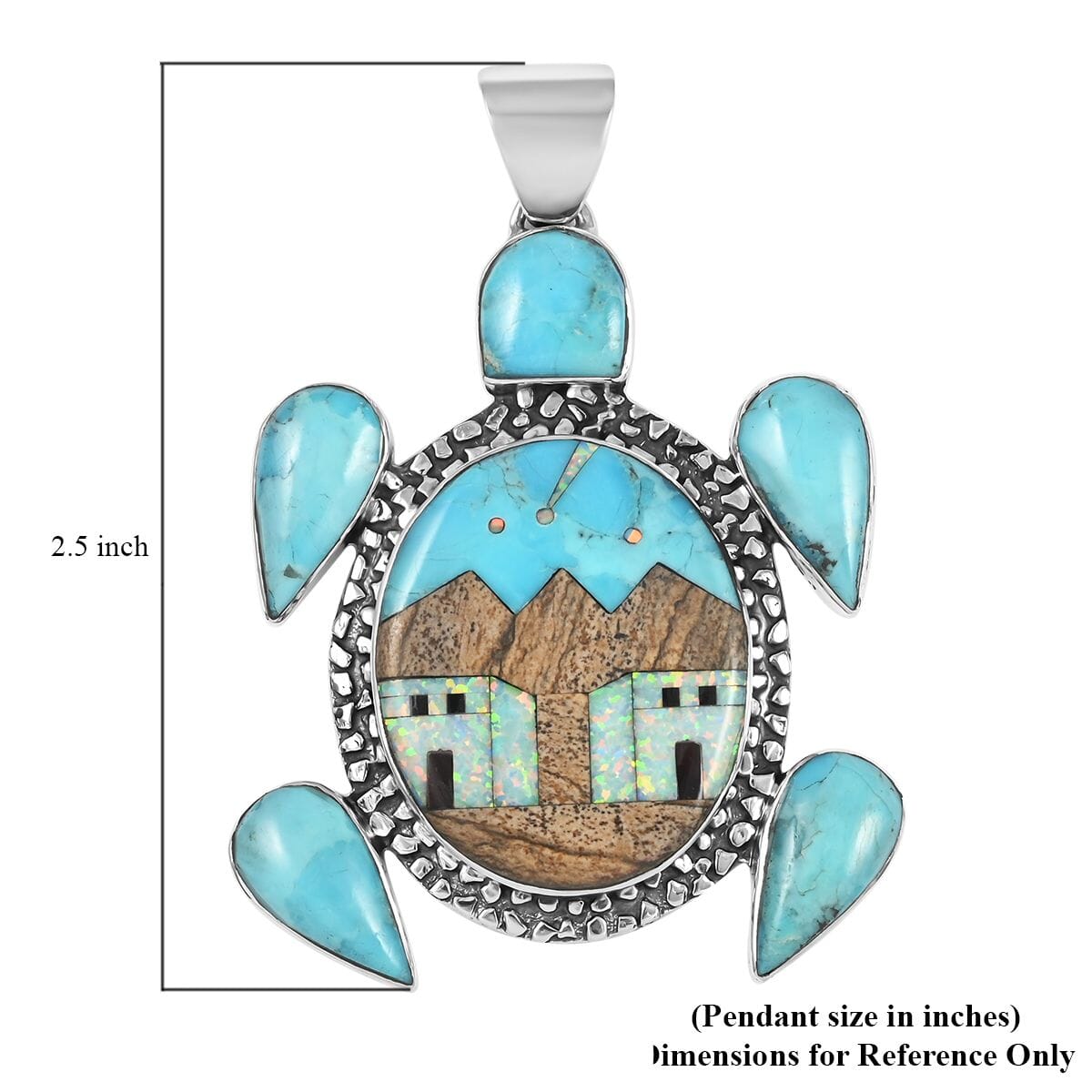 Santa Fe Style Kingman Turquoise and Multi Gemstone Turtle Pendant with Pueblo Homes in Sterling Silver 13.80 Grams 5.00 ctw image number 3