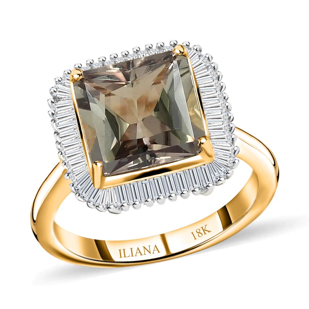 ILIANA 18K Yellow Gold AAA Radiant Cut Turkizite and G-H SI Diamond Halo Ring 4.70 Grams 4.50 ctw image number 0