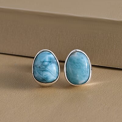 Artisan Crafted Larimar Solitaire Stud Earrings in Sterling Silver 4.35 ctw
