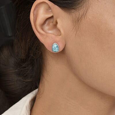 Artisan Crafted Larimar Solitaire Stud Earrings in Sterling Silver 4.35 ctw