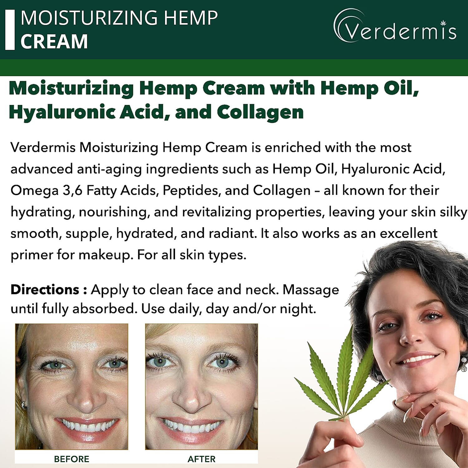 Verdermis Moisturizing Hemp Cream 50ml/1.7oz (Made in USA), Anti Aging, Face Moisturizer, Skin Care