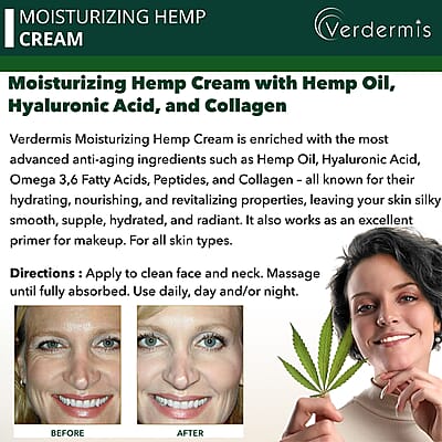 Verdermis Moisturizing Hemp Cream 50ml/1.7oz (Made in USA), Anti Aging, Face Moisturizer, Skin Care