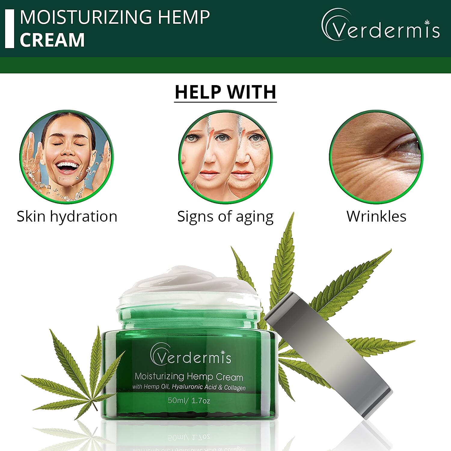 Verdermis Moisturizing Hemp Cream 50ml/1.7oz (Made in USA), Anti Aging, Face Moisturizer, Skin Care