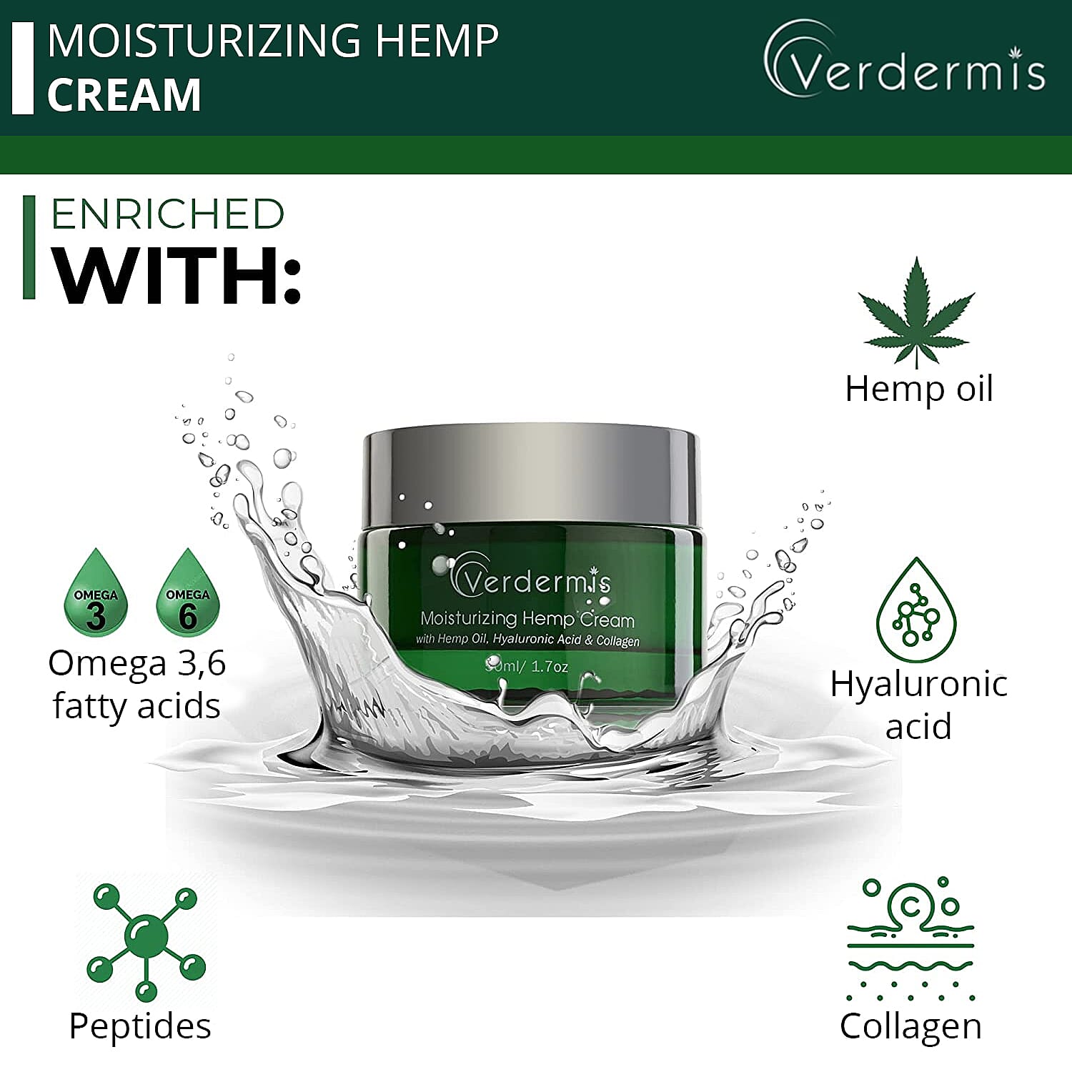 Verdermis Moisturizing Hemp Cream 50ml/1.7oz (Made in USA), Anti Aging, Face Moisturizer, Skin Care