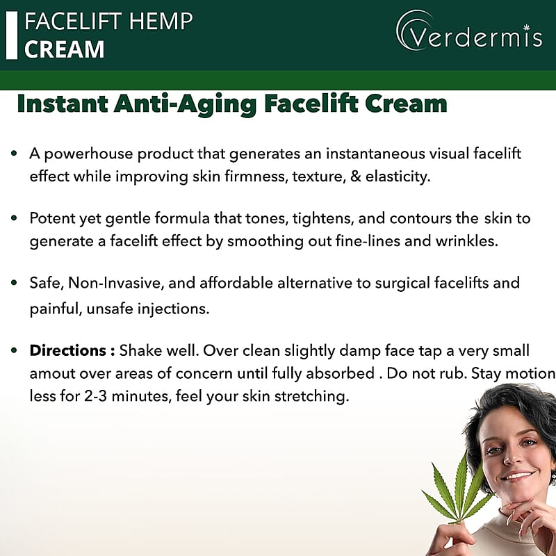 Verdermis Instant Facelift Hemp Cream 10ml/0.33oz (Made in USA), Best Anti Aging Face Cream