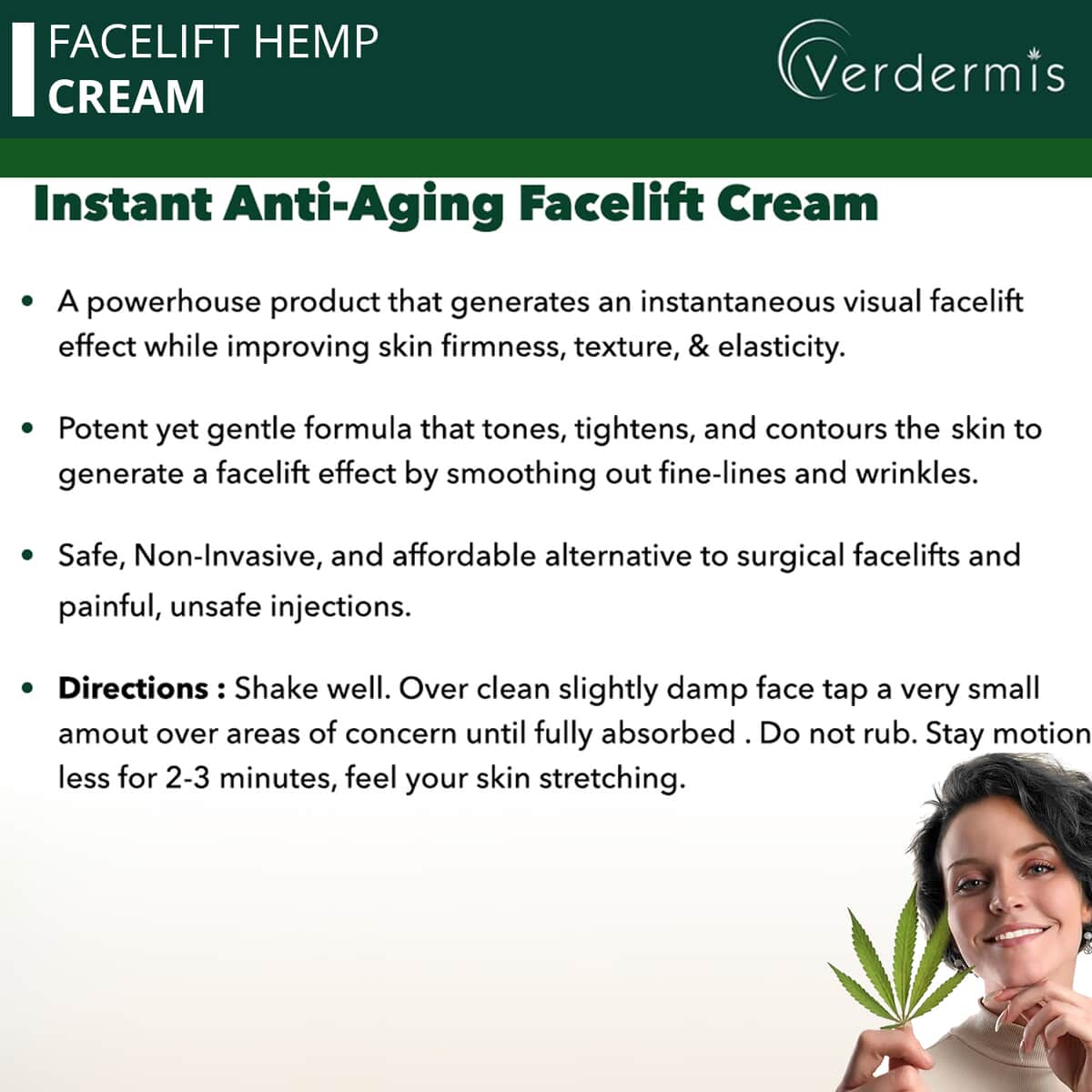 Verdermis Instant Facelift Hemp Cream 10ml/0.33oz (Made in USA), Best Anti Aging Face Cream image number 1