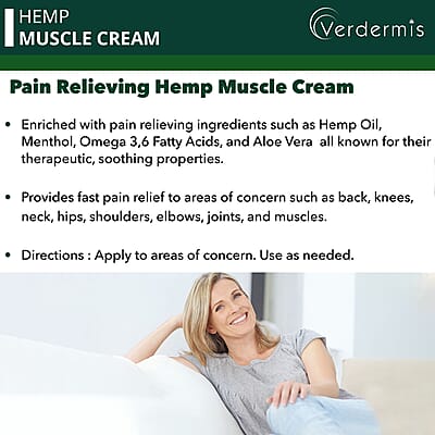 Verdermis Hemp Muscle Cream 50ml/1.7oz (Made in USA) , Hemp Cream , Muscle Pain Relief Cream