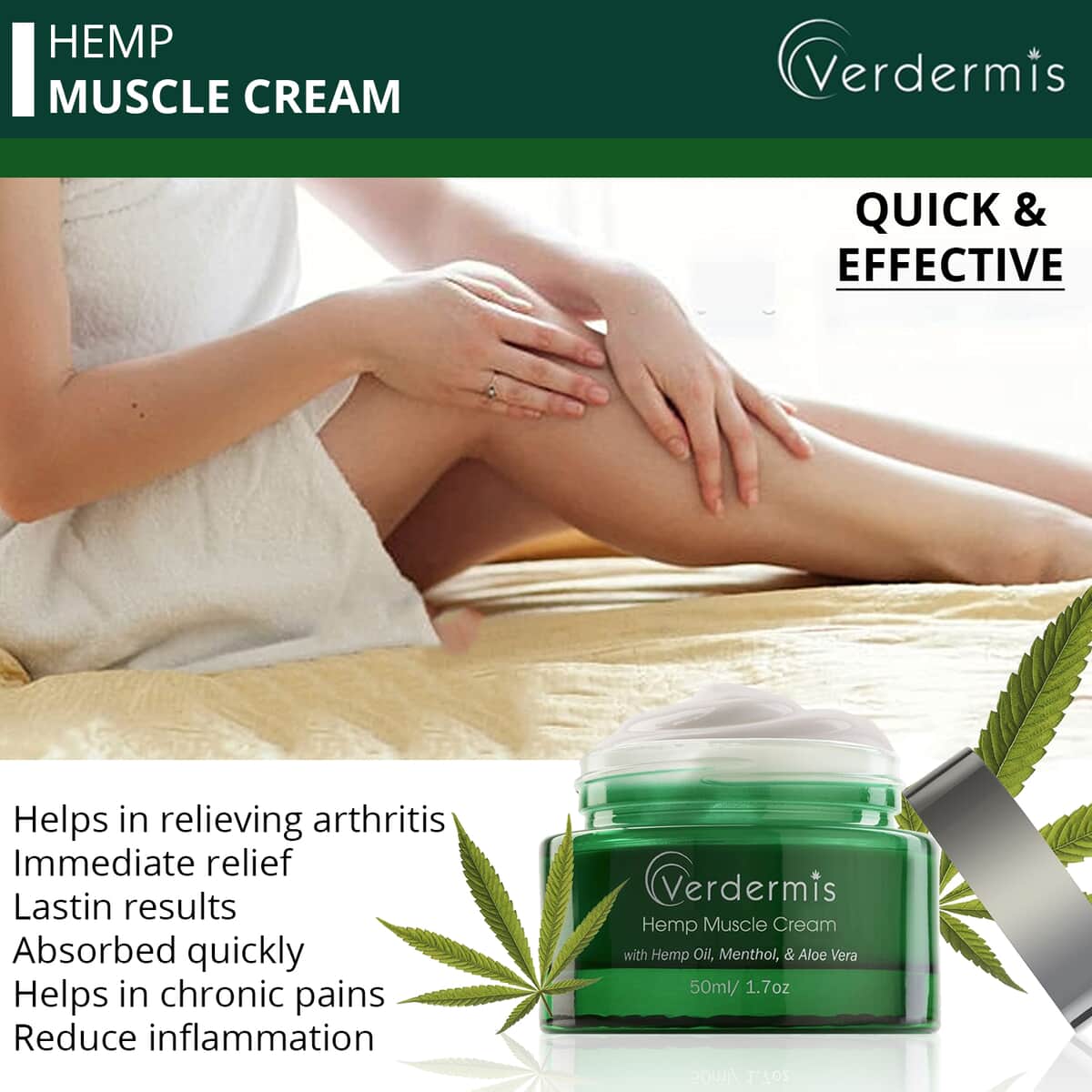 Verdermis Hemp Muscle Cream 50ml/1.7oz (Made in USA) , Hemp Cream , Muscle Pain Relief Cream image number 2