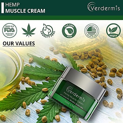 Verdermis Hemp Muscle Cream 50ml/1.7oz (Made in USA) , Hemp Cream , Muscle Pain Relief Cream
