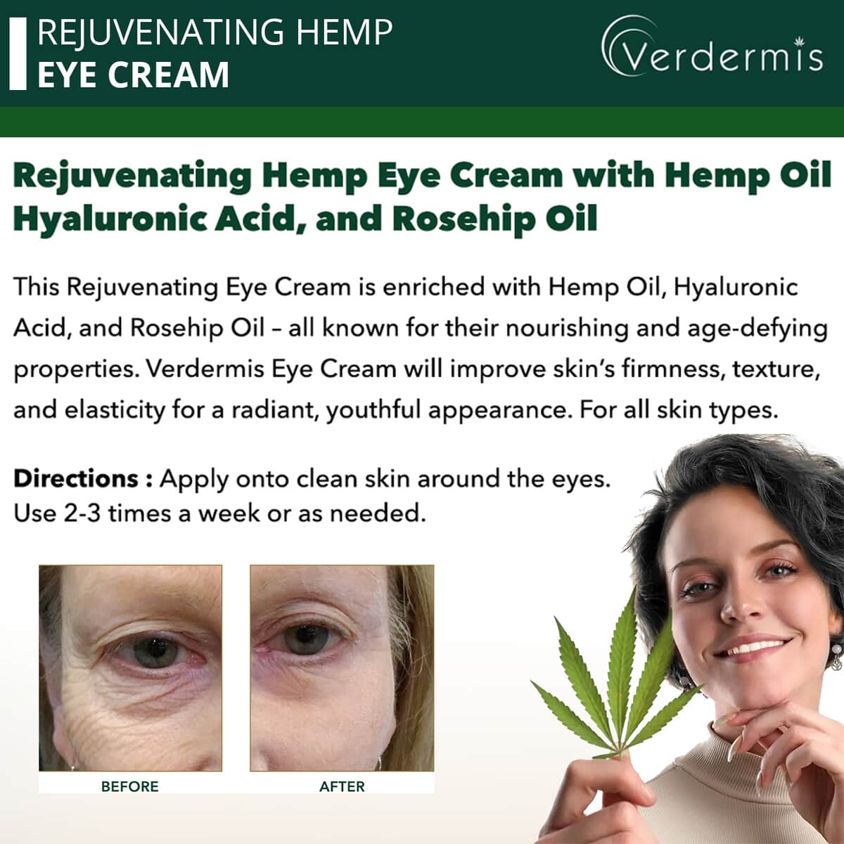 Verdermis Rejuvenating Hemp Eye Cream 50ml/1.7oz (Made in USA) , Best Eye Cream for Dark Circles , Under Eye Cream image number 1