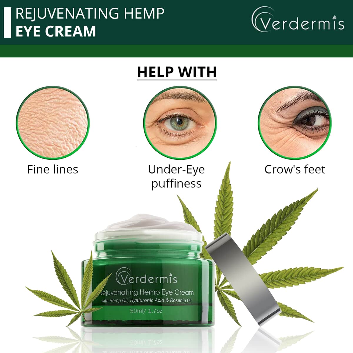 Verdermis Rejuvenating Hemp Eye Cream 50ml/1.7oz (Made in USA) , Best Eye Cream for Dark Circles , Under Eye Cream image number 2