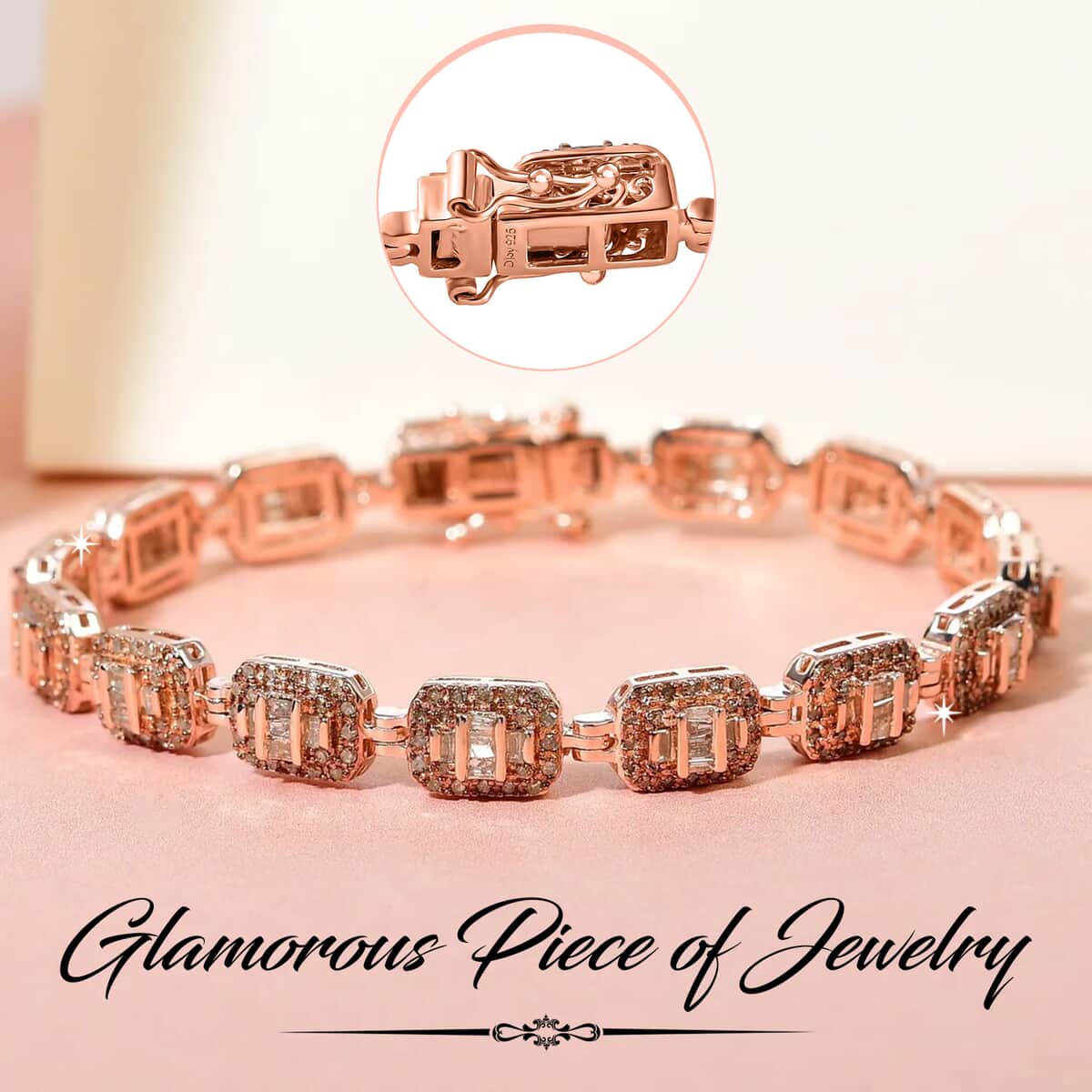 Natural Champagne Diamond Bracelet In Vermeil Rose Gold Plated Sterling Silver, Diamond Jewelry Gifts For Women (7.25 In) 3.00 ctw image number 1