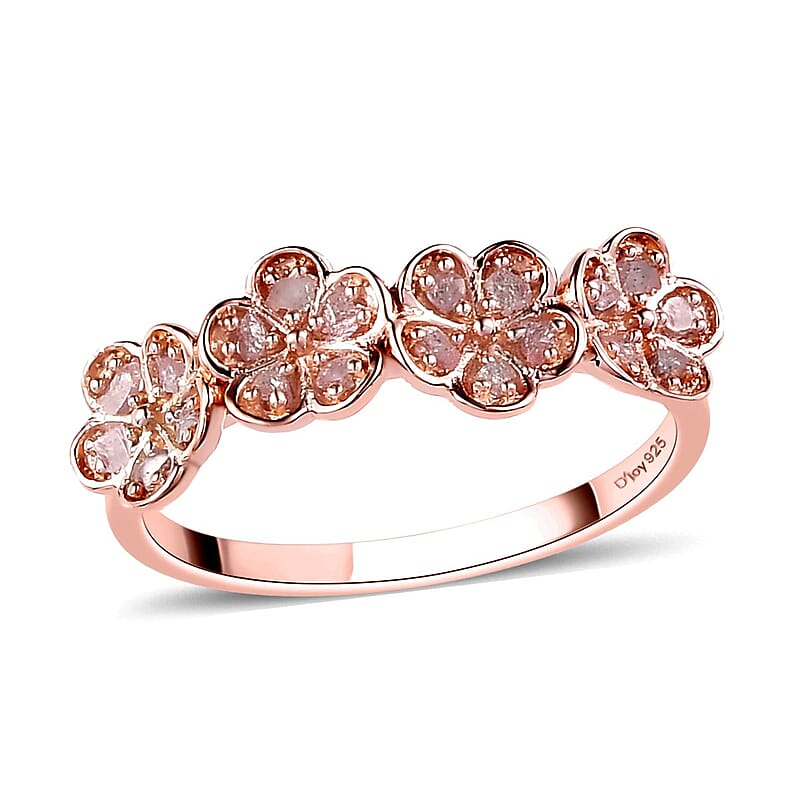 Uncut Natural Pink Diamond Floral Ring in Vermeil RG Over Sterling Silver (Size 10.0) 0.20 ctw