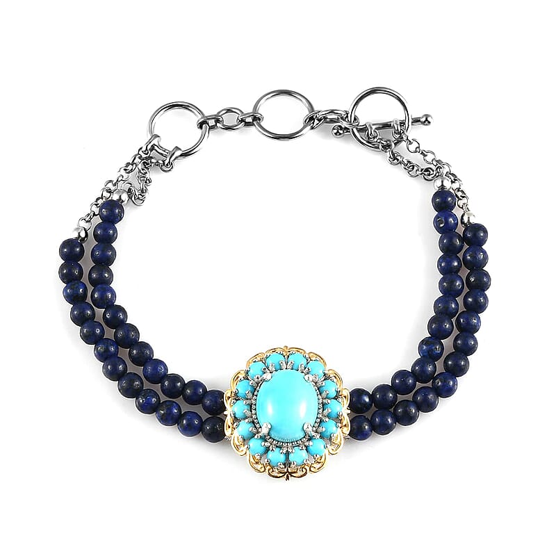 Sleeping Beauty Turquoise and Lapis Lazuli Beaded Bracelet in 14K YG and Platinum Over Sterling Silver (6.50 In) 29.40 ctw