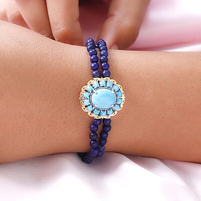 Sleeping Beauty Turquoise and Lapis Lazuli Beaded Bracelet in 14K YG and Platinum Over Sterling Silver (6.50 In) 29.40 ctw