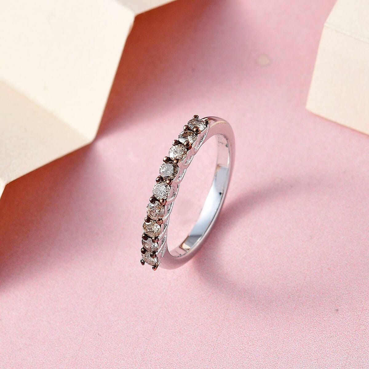 Natural Champagne Diamond Half Eternity Band Ring in Rhodium & Platinum Over Sterling Silver (Size 9.0) 0.50 ctw image number 1