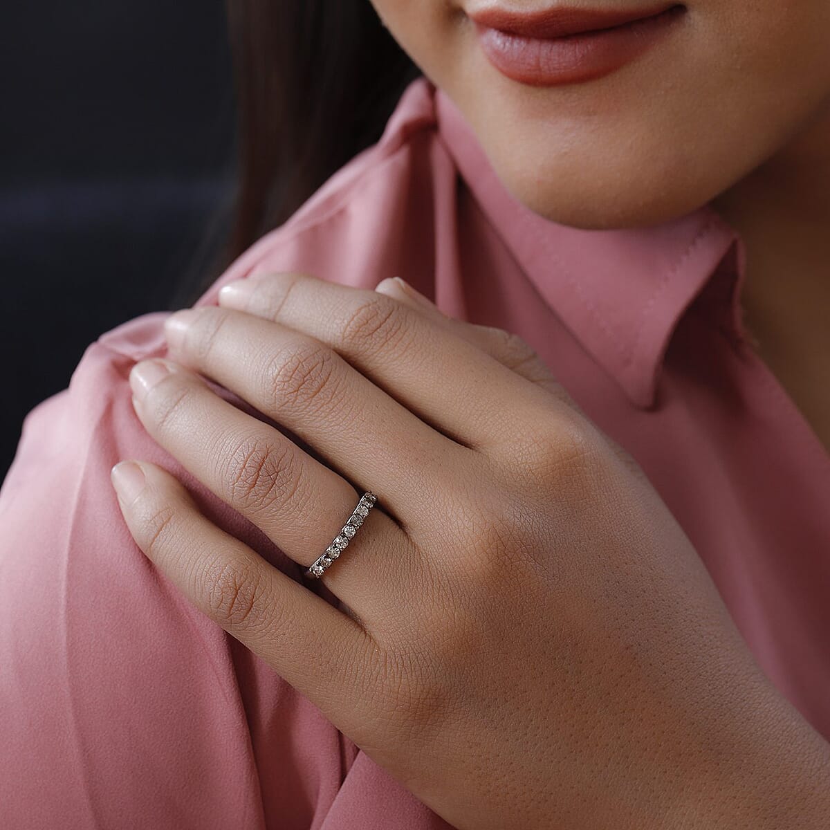 Natural Champagne Diamond Half Eternity Band Ring in Rhodium & Platinum Over Sterling Silver (Size 9.0) 0.50 ctw image number 2