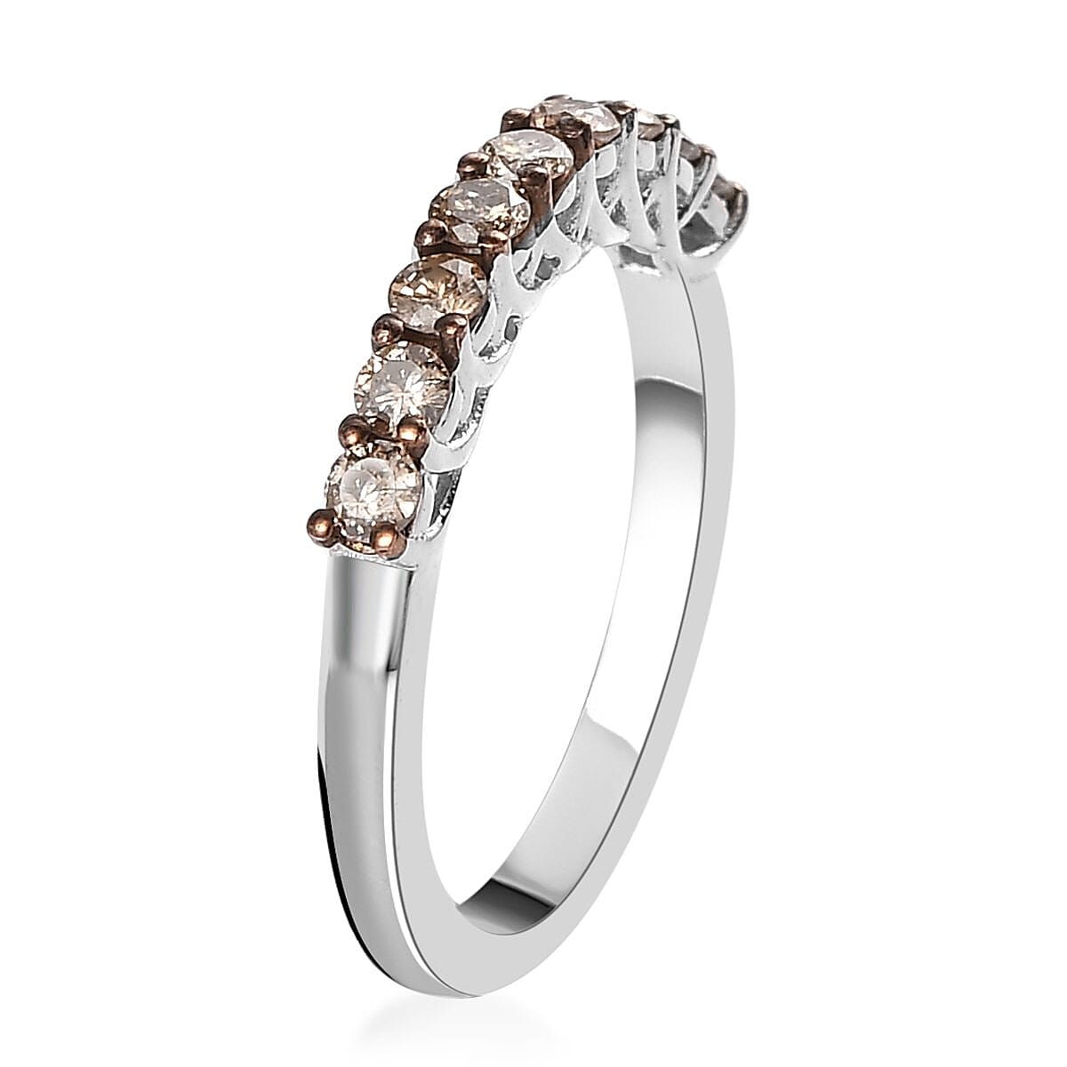 Natural Champagne Diamond Half Eternity Band Ring in Rhodium & Platinum Over Sterling Silver (Size 9.0) 0.50 ctw image number 3