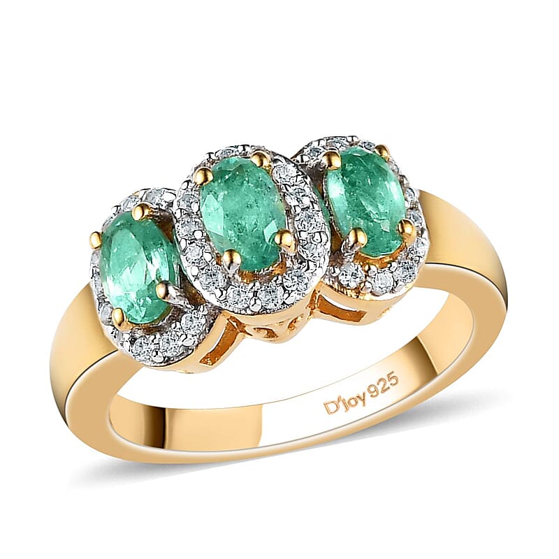 Boyaca Colombian Emerald and Natural White Zircon Trilogy Ring in Vermeil Yellow Gold Over Sterling Silver (Size 10.0) 1.00 ctw