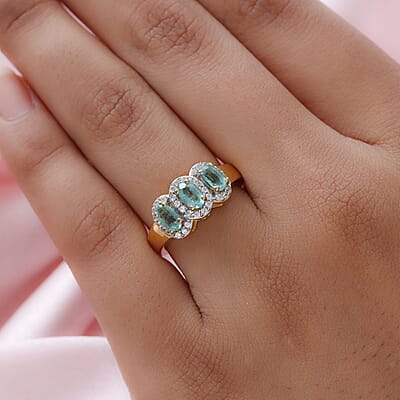 Boyaca Colombian Emerald and Natural White Zircon Trilogy Ring in Vermeil Yellow Gold Over Sterling Silver (Size 10.0) 1.00 ctw