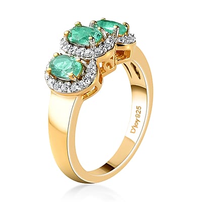 Boyaca Colombian Emerald and Natural White Zircon Trilogy Ring in Vermeil Yellow Gold Over Sterling Silver (Size 10.0) 1.00 ctw