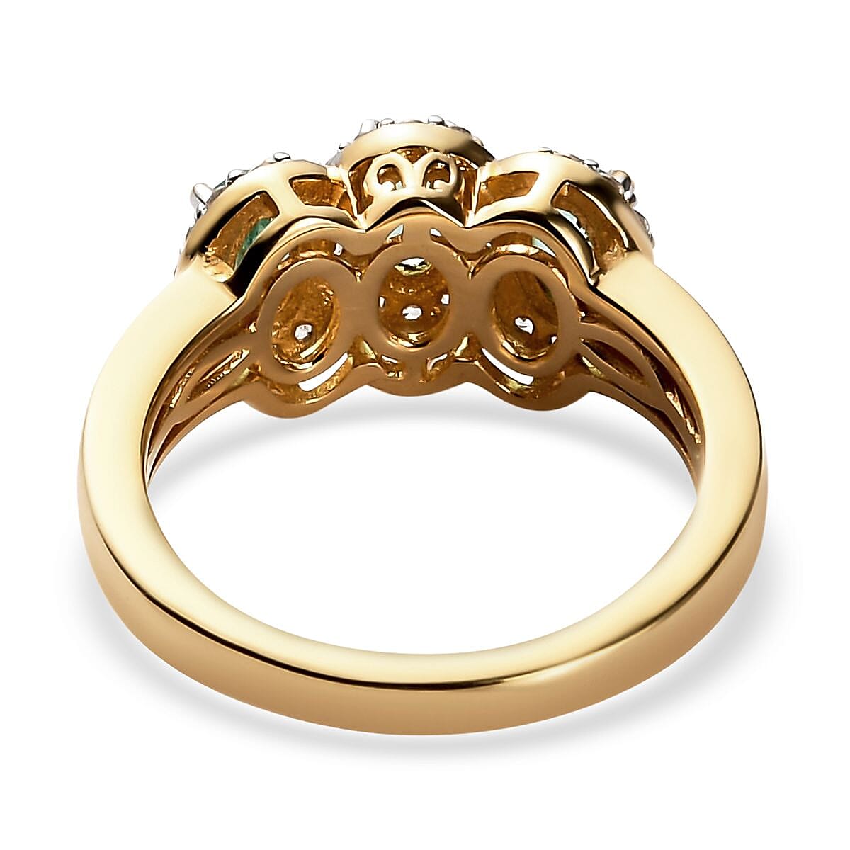 Boyaca Colombian Emerald and Natural White Zircon Trilogy Ring in Vermeil Yellow Gold Over Sterling Silver 1.00 ctw image number 4