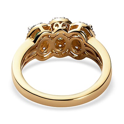Boyaca Colombian Emerald and Natural White Zircon Trilogy Ring in Vermeil Yellow Gold Over Sterling Silver (Size 10.0) 1.00 ctw