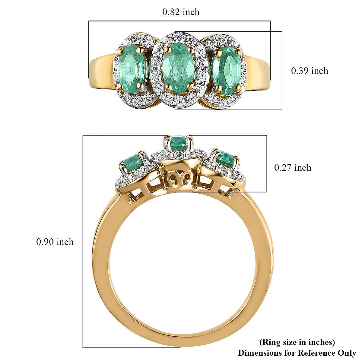 Boyaca Colombian Emerald and Natural White Zircon Trilogy Ring in Vermeil Yellow Gold Over Sterling Silver (Size 10.0) 1.00 ctw
